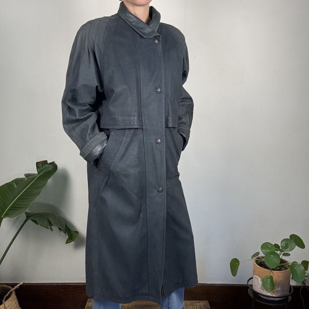Vintage Genuine Leather Trench Coat, Slate-Gray-Blue - Picture 3 of 16